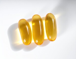 Three golden gel capsules in a row, casting warm shadows