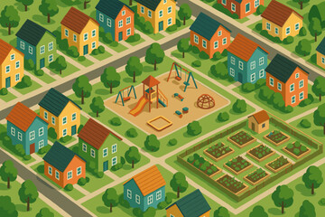 Colorful playground district community rows illustration vector garden residential houses