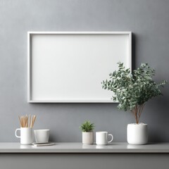 Fototapeta premium Artistic Mockup: An empty picture frame rests above a minimalist desk, adorned with stylish decor, providing a fresh space for creative expression or artistic vision.