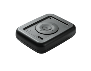 A dark, rectangular device with a central navigation disc on a raised platform