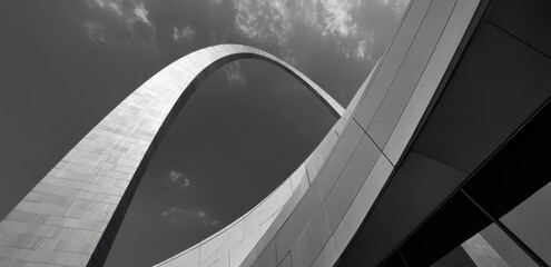 Iconic Gateway Arch in black and white from a worm's eye view.