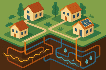 Energy underground network neighborhood vector illustration flow utility water linking houses abstractly
