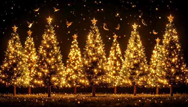 Lit Christmas Trees with Star Toppers in a Festive Evening Scene