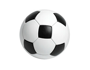 A classic, spherical black and white soccer ball, isolated on a black background