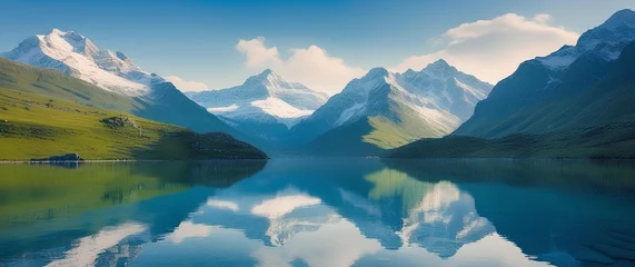 Poster Reflectie a serene mountain landscape, with snow-capped peaks reflected in a tranquil lake  © Amirah