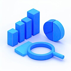 Blue graphs, pie chart, lens on white. Isometric view