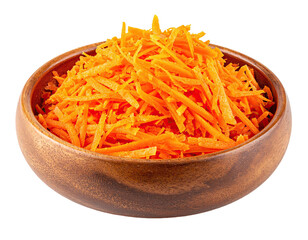 Close-up of shredded orange carrots inside a round, wooden bowl
