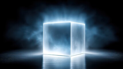 Glowing neon cube with digital abstract background visualization