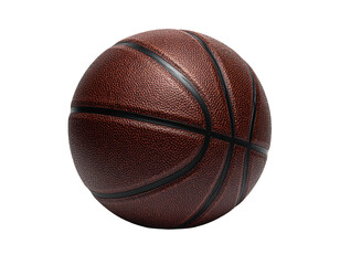 A detailed close-up of a basketball, showing texture and seams, on a dark background