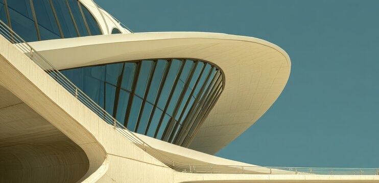 Sculptural modern architecture with sweeping curves and large glass windows against a blue sky. - Powered by Adobe