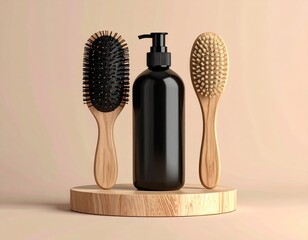 Hair care Black bottle, two brushes, wooden stand, simple