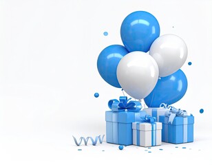 Gifts & blue/white balloons float on a white background