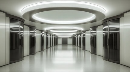 Futuristic server room with polished architecture and bright lighting