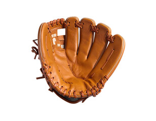 Close-up of a well-worn, brown leather baseball glove on a solid black background