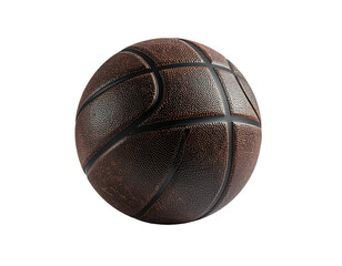 A detailed, isolated basketball, textured with realistic brown leather, on a black background