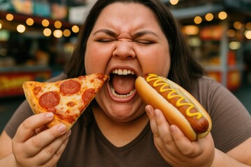 Overwhelmed Woman Enjoying Fast Food Feast with Pizza Slice and Hot Dog