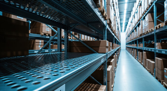 Modern warehouse with shelves full of cardboard boxes