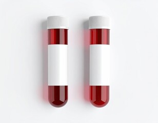 Two blood-filled vials stand upright, label space blank