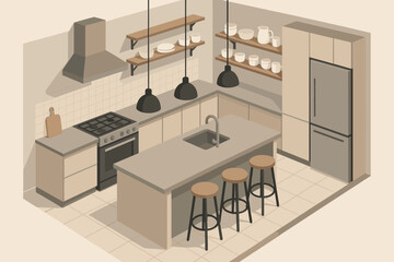 Fototapeta premium Shelves stools modern dishes counter design illustration lamps kitchen hanging vector