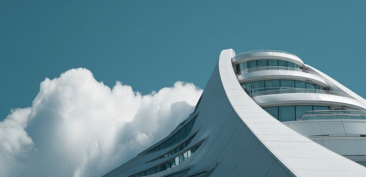 Striking modern architecture curves against a vibrant blue sky with soft clouds