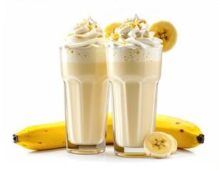 Two banana smoothies topped with cream and sprinkles