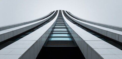 Striking contemporary skyscraper with curved facade and converging lines.
