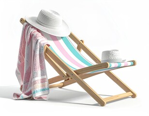 Striped deckchair with hat and towel against a white backdrop