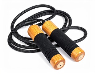 Jump rope w/ wooden handles and black rope on white