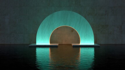 Modern architectural arch with light reflected in serene water