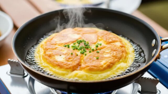 A fluffy omelet with chives is cooked in a frying pan on a gas stove