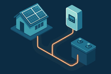Luminous solar lines panels illustration energy linked isometric system vector inverter rooftop