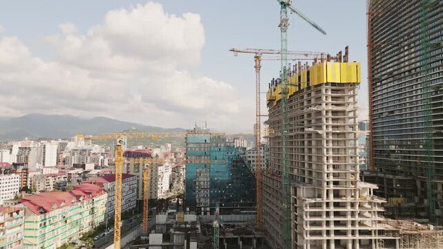 Batumi, Georgia - 19th august, 2025: Aerial view Alliance centropolis complex construction site. New real estate property buildings hotels. Batumi city Black sea coast luxury developments