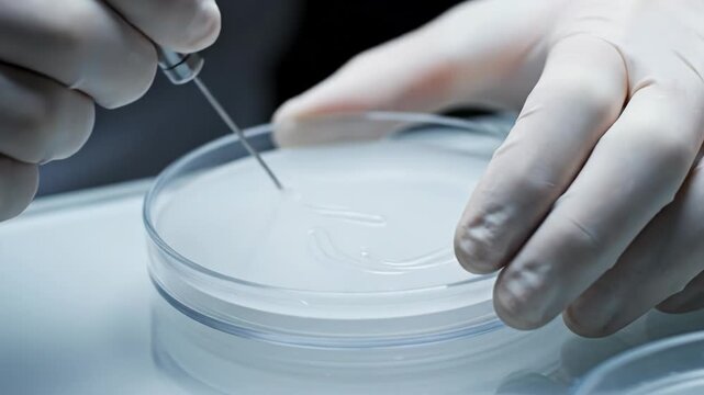 A skilled technician uses an inoculating loop to transfer samples in a laboratory setting. The careful actions ensure sterile conditions for successful microbial growth.