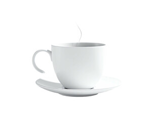 A white cup of steaming beverage on a matching saucer, against a dark background