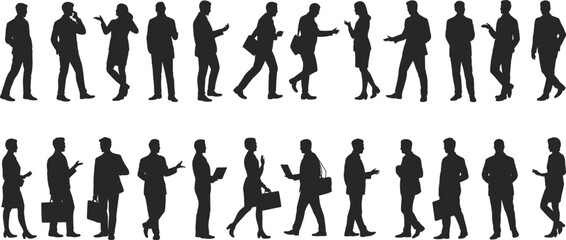 Collection of business people silhouettes, men and women in office poses, teamwork, communication, professional workers, isolated on white