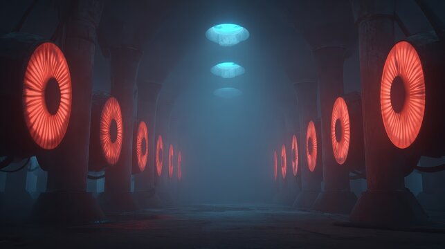 Futuristic Tunnel With Glowing Red Circular Lights