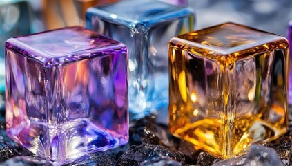 Colored crystal cubes on dark rough surface, macro view