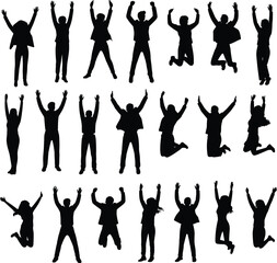 Business people silhouettes jumping with joy, successful men and women in suits celebrating, corporate achievement, happiness and energetic teamwork illustration