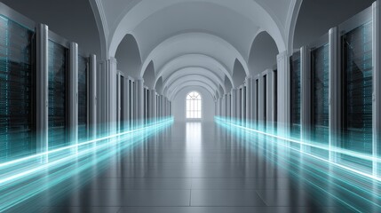 Modern hallway with columns and arches leading to a window