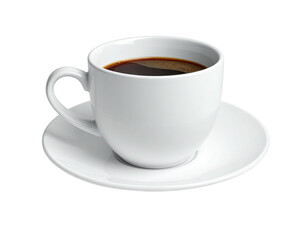 White coffee cup filled with dark liquid on a matching saucer, isolated on black