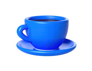 A shiny, rendered blue coffee cup with a saucer, isolated on black