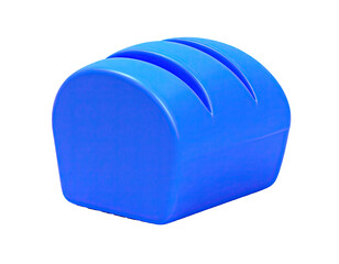 A bright blue, rounded, rectangular object with three curved slots cut into the top