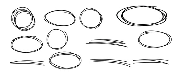 Hand drawn scribble lines, circles and ovals. Doodle sketch underlines. Highlight circle frames. Ellipses in doodle style. Set of vector illustration isolated on white background
