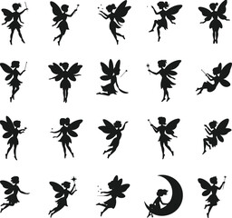 Fairy silhouette collection, magical fantasy characters with wings and wands, black and white illustrations for design, decoration, children and stories