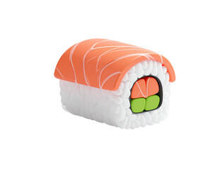Rendered studio shot of a salmon maki sushi roll against a black backdrop
