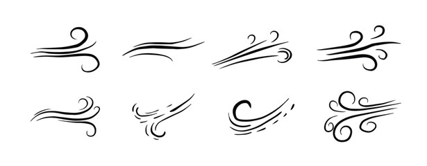 hand drawn set wind doodle blow gust design isolated vector illustration