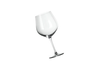 A single, tilted glass against a black background, reflecting light