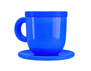 3D rendered glossy blue coffee cup and saucer, floating against black background