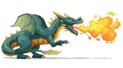 A cartoonish dragon, blue-green with yellow spines, breathes fire from its open mouth