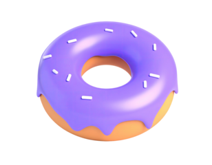 A vibrant, 3D-rendered glazed doughnut with purple icing & sprinkles on a black background